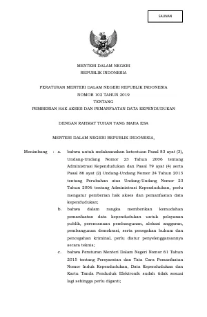 Permendagri Nomor 102 Tahun 2019 Tentang Pemberian Hak Akses dan Pemanfaatan Data Kependudukan