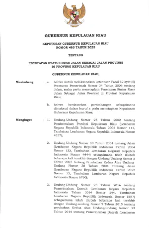 KEPUTUSAN GUBERNUR TENTANG PENETAPAN STATUS RUAS JALAN SEBAGAI JALAN PROVINSI DI PROVINSI KEPULAUAN RIAU TAHUN 2023