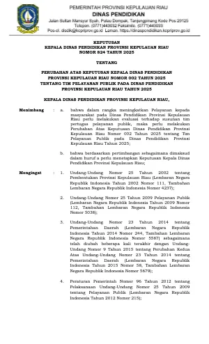 TIM PELAYANAN PUBLIK PADA DINAS PENDIDIKAN PROVINSI KEPULAUAN RIAU TAHUN 2025 (PERUBAHAN OKTOBER)
