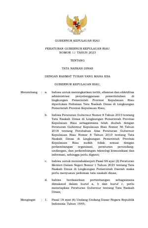 PERATURAN GUBERNUR KEPULAUAN RIAU NOMOR 52 TAHUN 2023 TENTANG TATA NASKAH DINAS