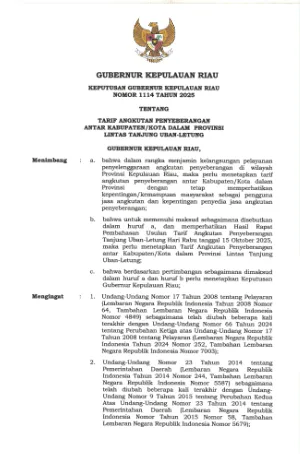 SK TARIF ANGKUTAN PENYEBERANGAN ANTAR KABUPATEN/KOTA DALAM PROVINSI LINTAS TANJUNG UBAN - LETUNG