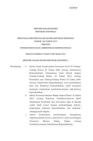 Permendagri Nomor 104 tahun 2019 tentang Pendokumentasian Administrasi Kependudukan