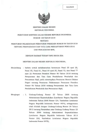 Permendagri Nomor 108 Tahun 2019 tentang Persyaratan dan Tata Cara Pendaftaran Penduduk dan Pencatatan Sipil