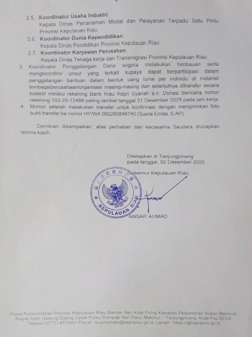 Gubernur Ansar Ajak Masyarakat Kepri Galang Dana untuk Korban Banjir dan Longsor di Aceh, Sumut, dan Sumbar