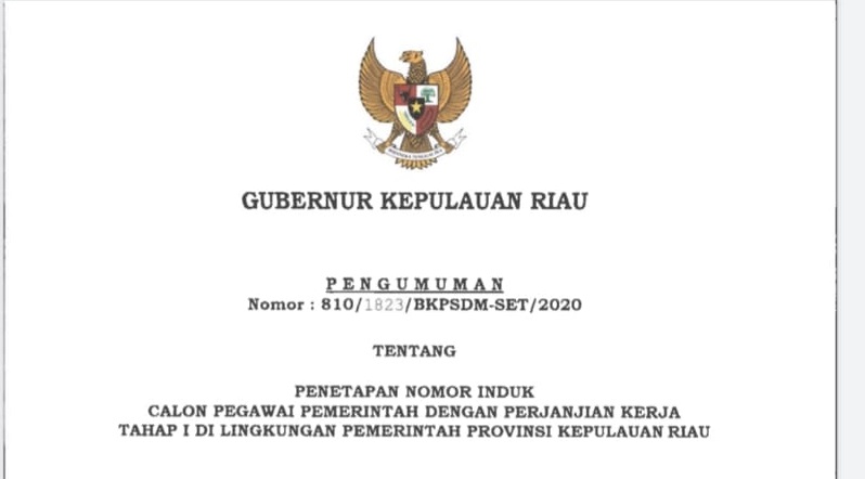 Penetapan Nomor Induk Calon Pegawai Pemerintah dengan Perjanjian Kerja Tahap I di Lingkungan Pemerintah Provinsi Kepulauan Riau