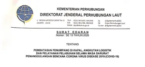 SURAT EDARAN PEMBATASAN PENUMPANG DI KAPAL , ANGKUTAN LOGISTIK DAN PELAYANAN PELABUHAN SELAMA MASA DARURAT PENANGGULANGAN BENCANA CORONA VIRUS DISEAS 2019 (COVID-19)