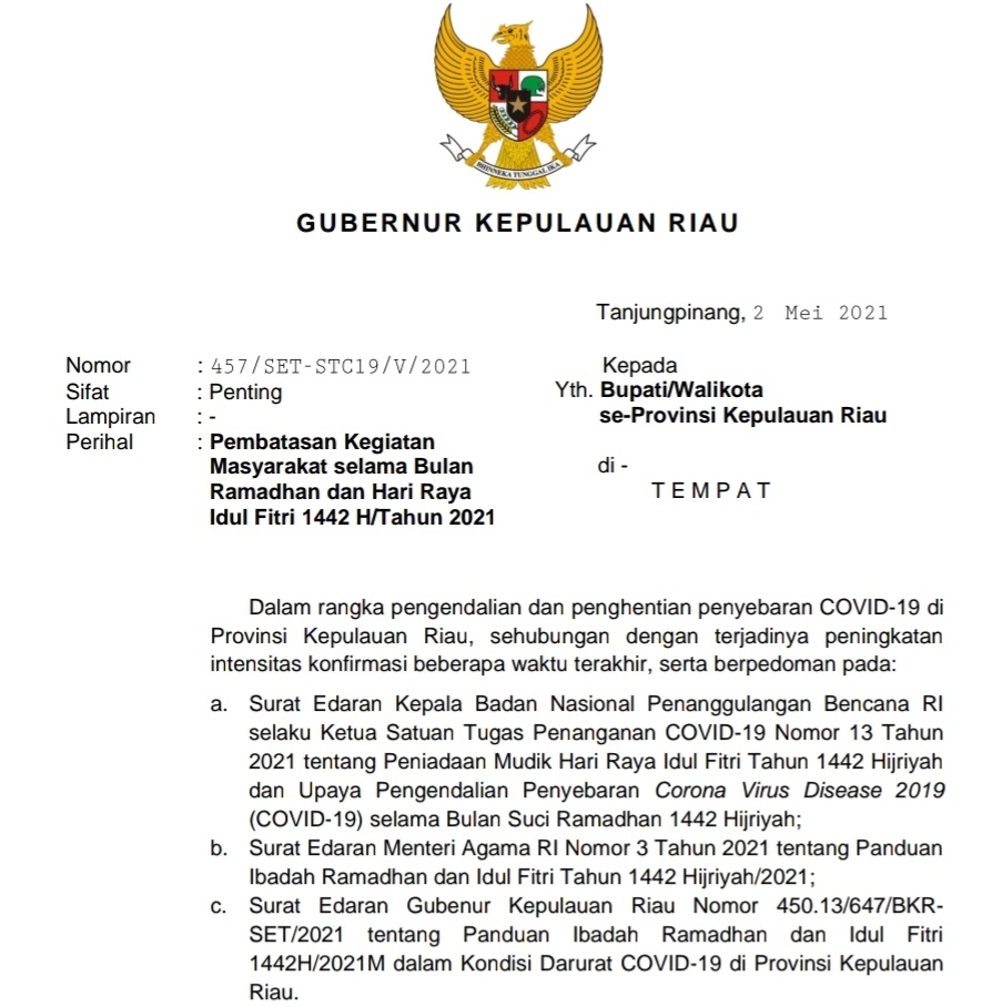 Untuk Tekan Covid 19, Gubernur Kepri Keluarkan Surat Edaran