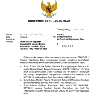 Untuk Tekan Covid 19, Gubernur Kepri Keluarkan Surat Edaran