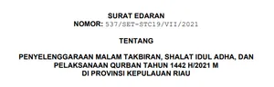 Penyelenggaraan Malam Takbiran, Shalat Idul Adha, Dan Pelaksanaan Qurban Tahun 1442 H/2021 M Di Provinsi Kepulauan Riau