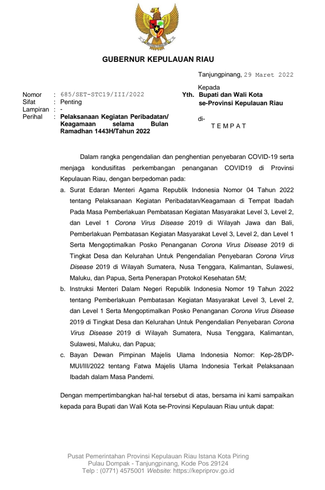 Ramadhan 1443 H Kali ini, Masyarakat Kepri Dapat  Beribadah di Tempat-Tempat Ibadah
