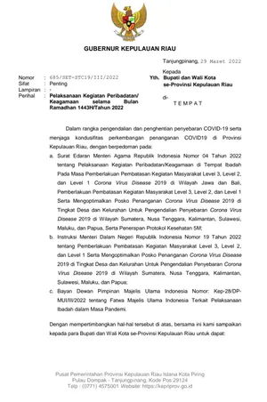 Ramadhan 1443 H Kali ini, Masyarakat Kepri Dapat  Beribadah di Tempat-Tempat Ibadah
