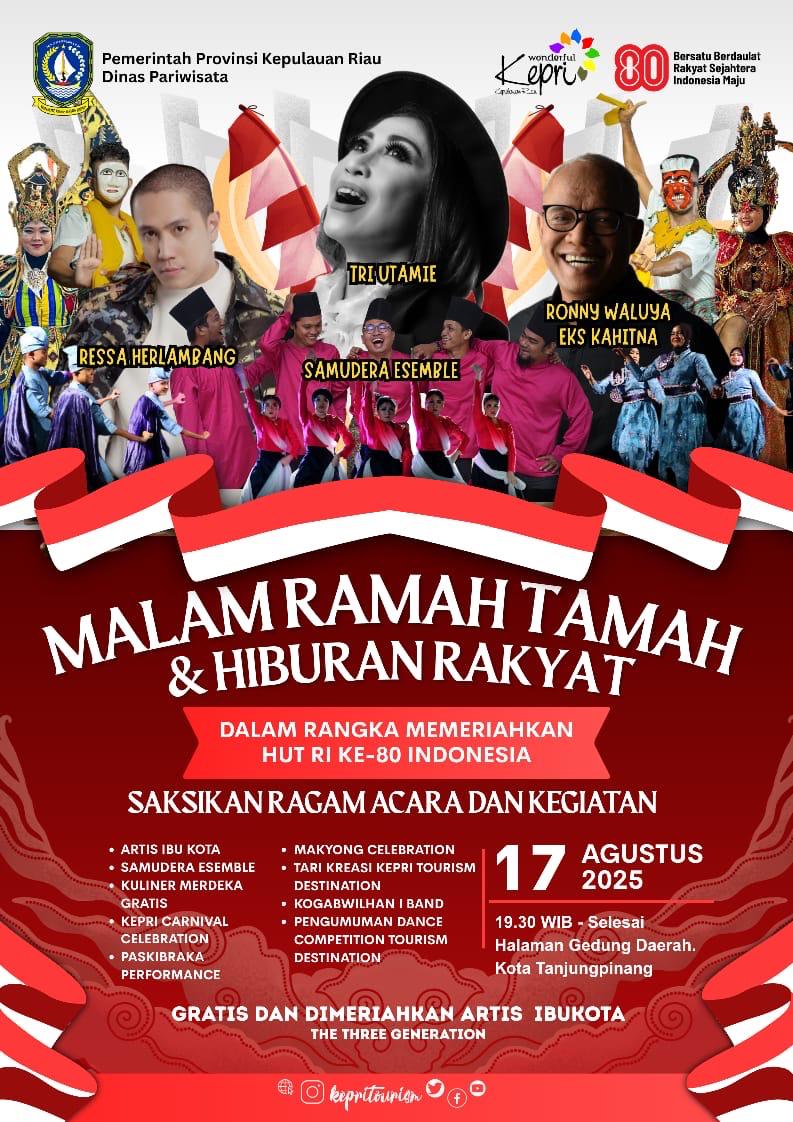 Malam Puncak Peringatan HUT ke 80  RI di Kepri Dimeriahkan The Three Generation dan Pembagian 7000 Kupon Makan Gratis
