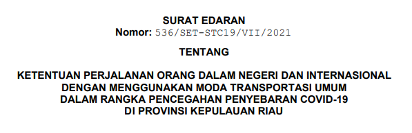 Ketentuan Perjalanan Orang Dalam Negeri Dan Internasional Dengan Menggunakan Moda Transportasi Umum Dalam Rangka Pencegahan Penyebaran COVID-19 Di Provinsi Kepulauan Riau