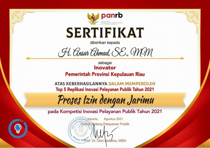 Kepri Masuk Top 5 Replikasi Inovasi Pelayanan Publik 2021