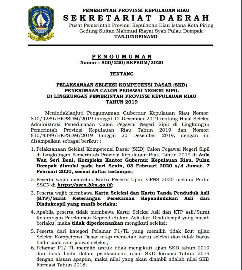 Persiapkan Diri, 3-7 Ferbruari SKD CPNS Pemprov Kepri