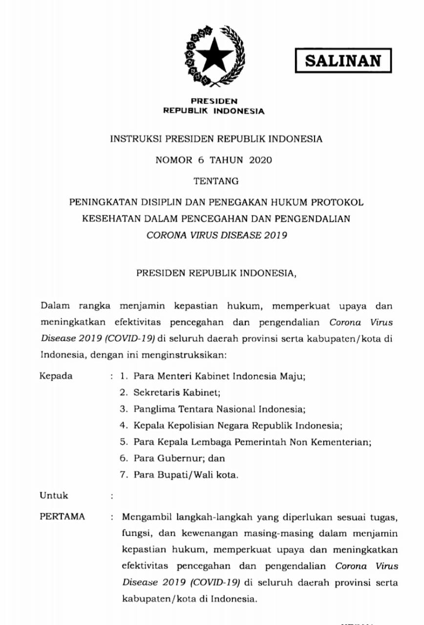 Ini Dia Inpres No 6 Tahun 2020 - Peningkatan Kedisiplinan dan Penegakan Protokol Kesehatan Guna Pengendalian Covid-19