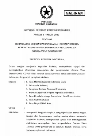 Ini Dia Inpres No 6 Tahun 2020 - Peningkatan Kedisiplinan dan Penegakan Protokol Kesehatan Guna Pengendalian Covid-19
