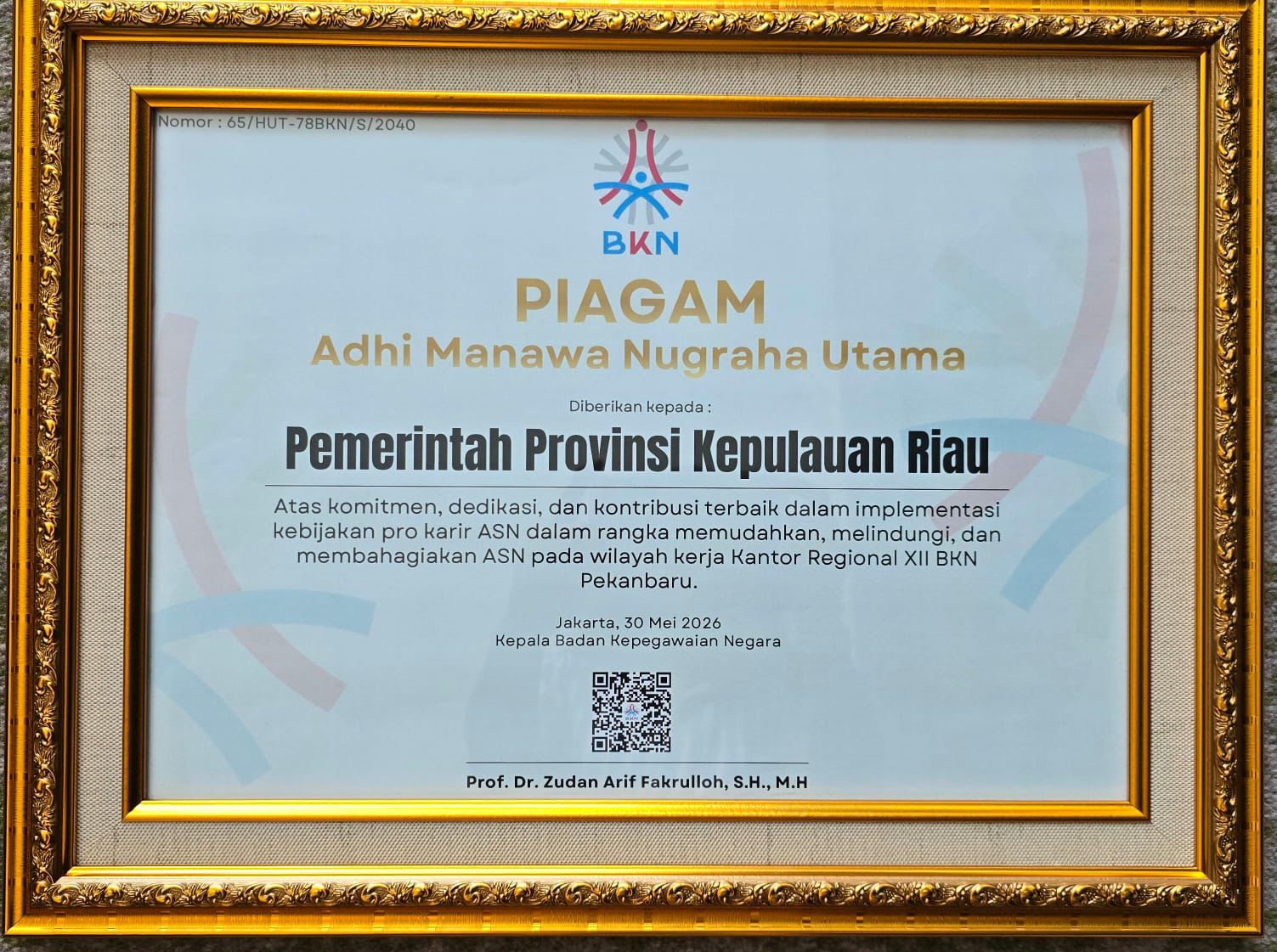 Pemprov Kepri Raih Penghargaan Adhi Manawa Nugraha Utama pada HUT ke-78 BKN