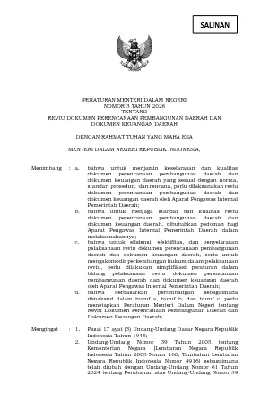 Peraturan Menteri Dalam Negeri Nomor 3 Tahun 2026 tentang Reviu Dokumen Perencanaan Pembangunan Daerah dan Dokumen Keuangan Daerah