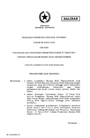 Peraturan Pemerintah (PP) Nomor 28 Tahun 2020 tentang Perubahan atas Peraturan Pemerintah Nomor 27 Tahun 2014 Tentang Pengelolaan Barang Milik Negara/Daerah