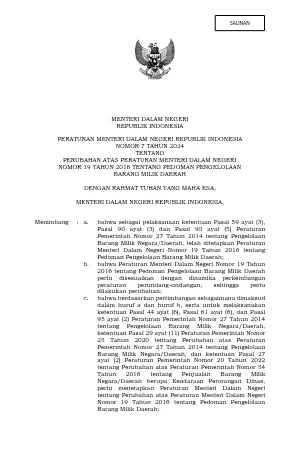 Peraturan Menteri Dalam Negeri Republik Indonesia Nomor 7 Tahun 2024 Tentang Perubahan Atas Peraturan Menteri Dalam Negeri Nomor 19 Tahun 2016 Tentang Pedoman Pengelolaan Barang Milik Daerah