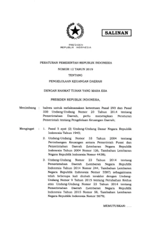 PP 12 Tahun 2019 tentang Pengelolaan Keuangan Daerah