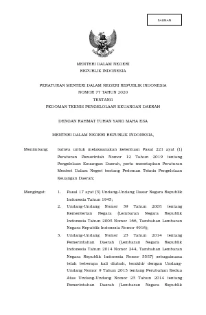 Peraturan Menteri Dalam Negeri Nomor 77 Tahun 2020 tentang Pedoman Teknis Pengelolaan Keuangan Daerah