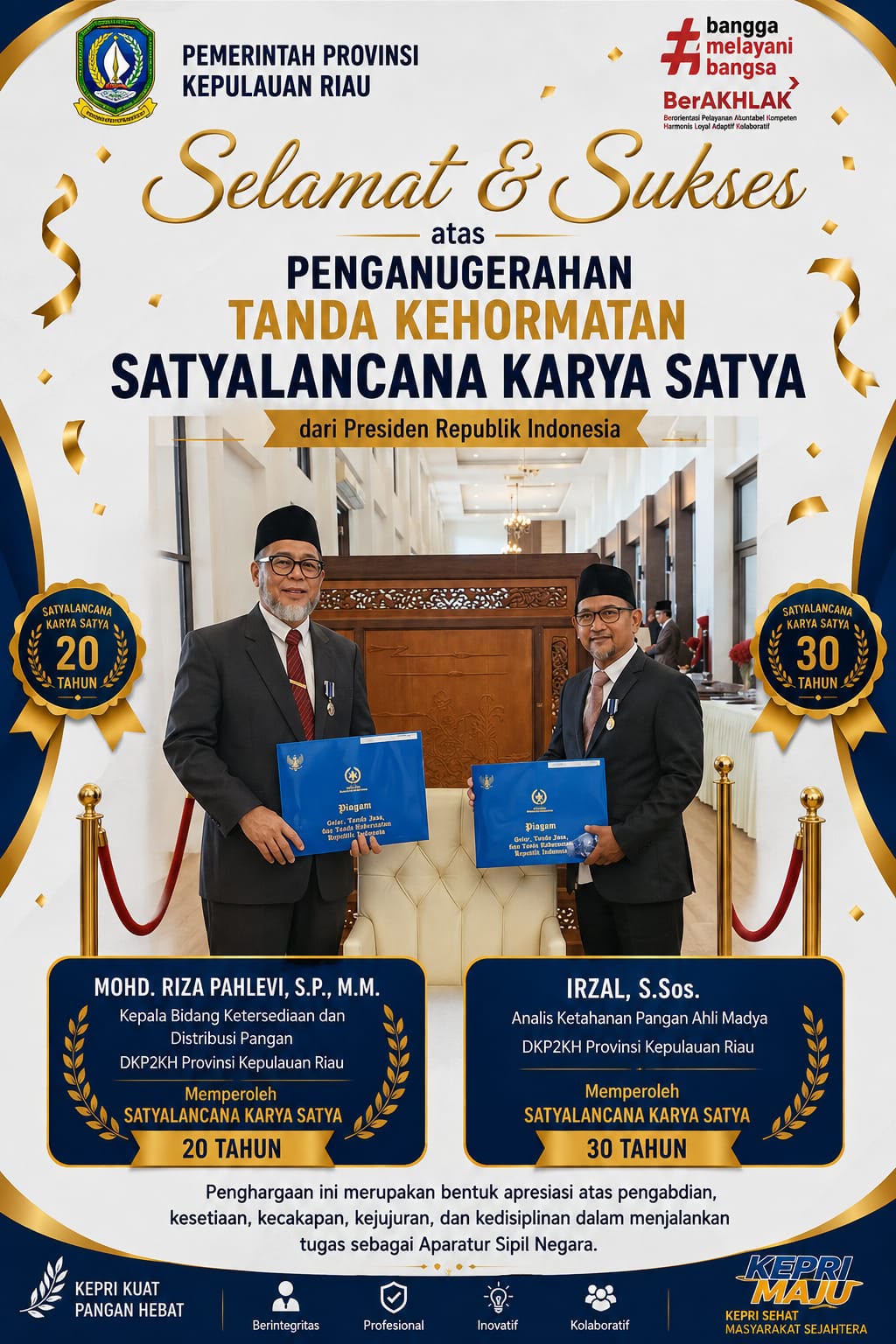 KEPALA DKP2KH KEPRI UCAPKAN SELAMAT ATAS PENGANUGERAHAN SATYALANCANA KARYA SATYA KEPADA 2 ASN