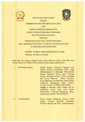 Perjanjian Kerja Sama Antara Pemprov Kepri dan DPD Legiun Veteran RI Prov Kepri Tentang Penguatan Nilai Nilai Luhur Pancasila Jiwa Semangat JSN 45 No. T 900 01 PKS KESBANGPOL  II 2026