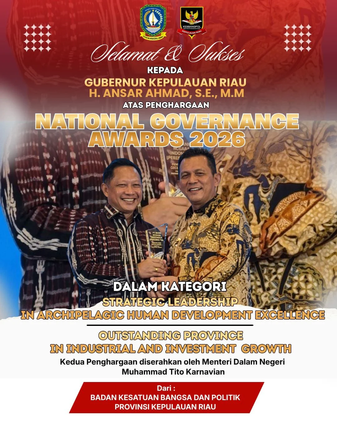 Gubernur Provinsi Kepri Raih Penghargaan National Governance Awards 2026