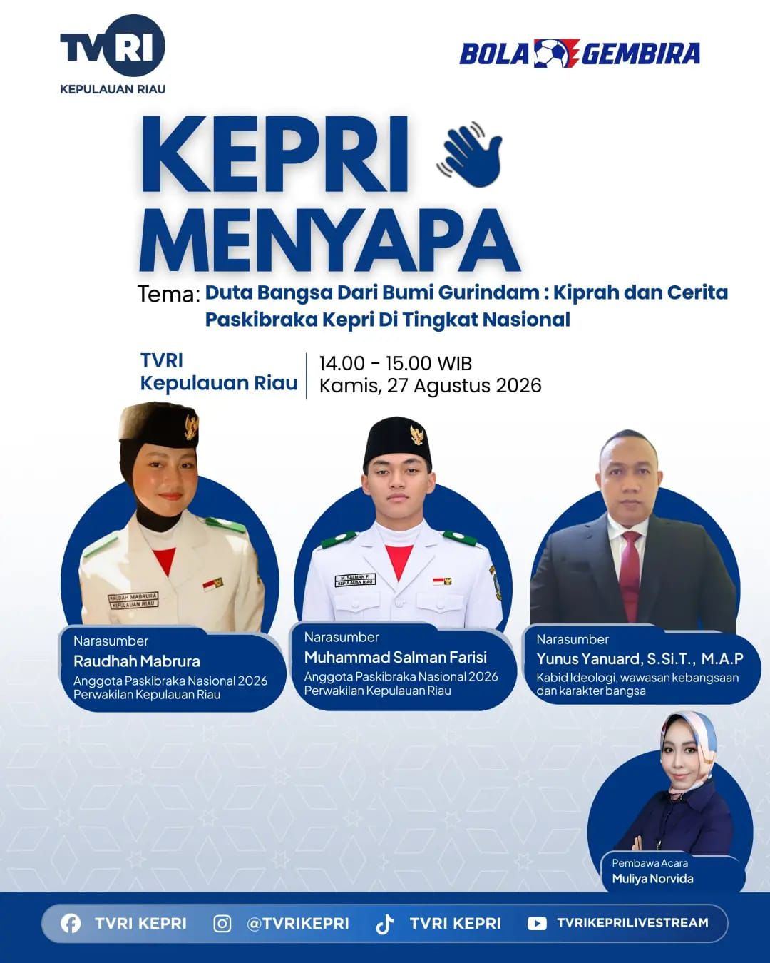 Rara dan Salman berbagi pengalaman bertugas pada upacara HUT ke-81 RI di Istana  Negara dalam Dialog TVRI "Kepri Menyapa" di TVRI Kepulauan Riau 