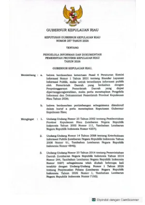 Keputusan_Gubernur Kepulauan Riau Nomor 257 Tahun 2026 tentang Pengelola Informasi dan Dokumentasi Pemerintah Provinsi Kepulauan Riau Tahun 2026