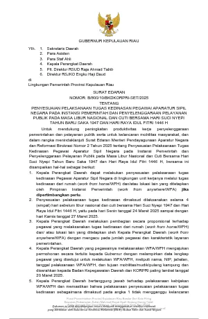 Surat Edaran Gubernur tentang PENYESUAIAN PELAKSANAAN TUGAS KEDINASAN PEGAWAI APARATUR SIPIL NEGARA PADA INSTANSI PEMERINTAH DAN PENYELENGGARAAN PELAYANAN PUBLIK PADA MASA LIBUR NASIONAL DAN CUTI BERSAMA HARI SUCI NYEPI TAHUN BARU SAKA 1947 DAN HARI RAYA IDUL FITRI 1446 H