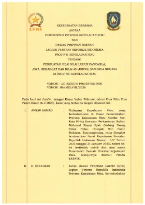 kesepakatan bersama antara pemerintah provinsi kepri dan Dwan Pimpinan daerah Legiun Veteran Republik Indonesia Tentang Penguatan Nilai-Nilai Luhur Pancasila Nomor 120.23KDH. 196KB.O2 2026