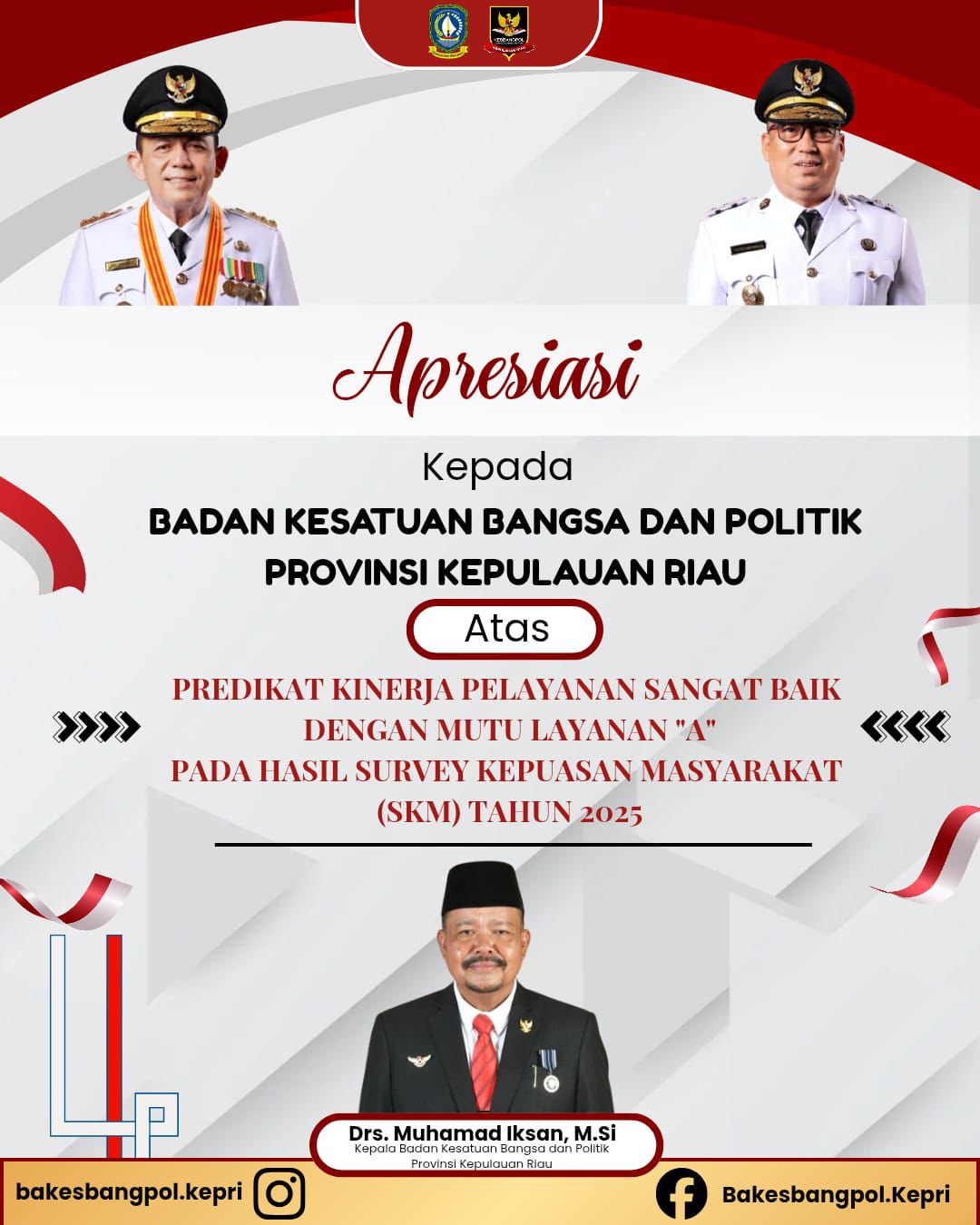 Bakesbangpol Provinsi Kepri Terima Apresiasi Atas Hasil Survey Kepuasan Masyarakat (SKM) Tahun 2025 dengan Predikat Kinerja Pelayanan “Sangat Baik” dengan Mutu Layanan “A”
