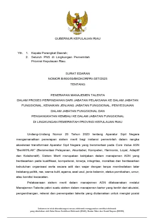 PENERAPAN MANAJEMEN TALENTA DALAM PROSES PERPINDAHAN DARI JABATAN PELAKSANA KE DALAM JABATAN FUNGSIONAL, KENAIKAN JENJANG JABATAN FUNGSIONAL, PENYESUAIAN DALAM JABATAN FUNGSIONAL DAN PENGANGKATAN KEMBALI KE DALAM JABATAN FUNGSIONAL DI LINGKUNGAN PEMERINTAH PROVINSI KEPULAUAN RIAU