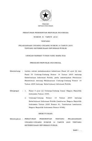 Peraturan Pemerintah Nomor 61 Tahun 2010 tentang Pelaksanaan UU Nomor 14 Tahun 2008