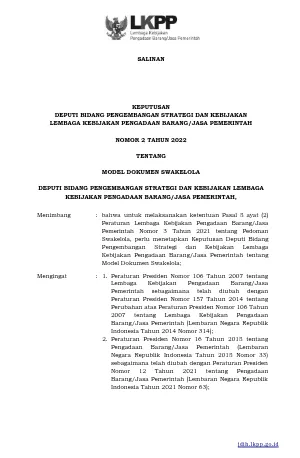 Keputusan Deputi Bidang Pengembangan Strategi dan Kebijakan Lembaga Kebijakan Pengadaan Barang/Jasa Pemerintah Nomor 2 Tahun 2022 tentang Model Dokumen Swakelola
