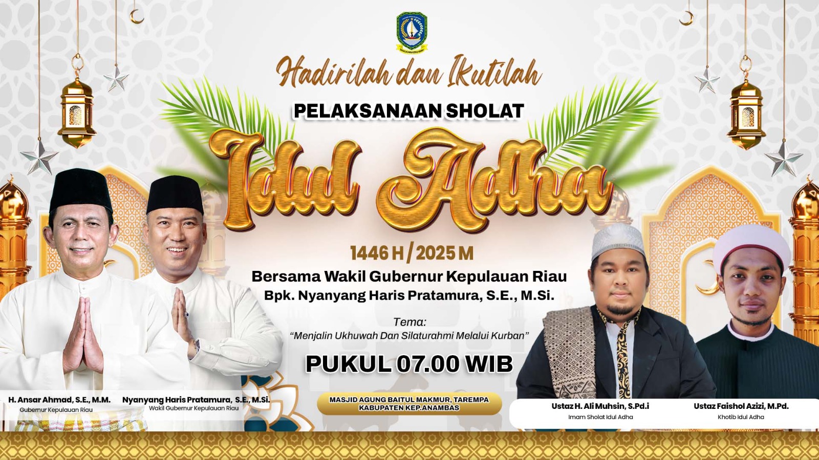 Gubernur Ansar akan Menjadi Khotib Shalat Idul Adha 1446 H Tingkat Provinsi Kepri di Lapangan Pamedan A Yani Tanjungpinang