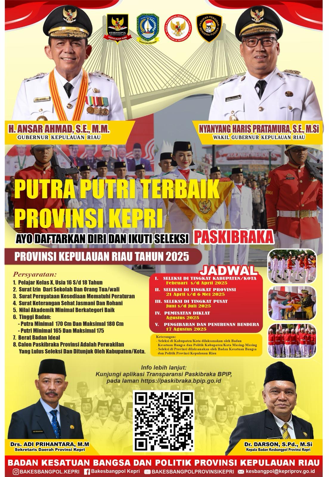 Seleksi Paskibraka Provinsi Kepri dan Tingkat Nasional Akan Dibuka Secara Online Mulai 21 April 2025