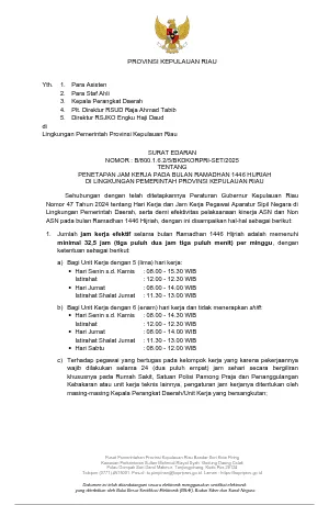 PENETAPAN JAM KERJA PADA BULAN RAMADHAN 1446 HIJRIAH DI LINGKUNGAN PEMERINTAH PROVINSI KEPULAUAN RI