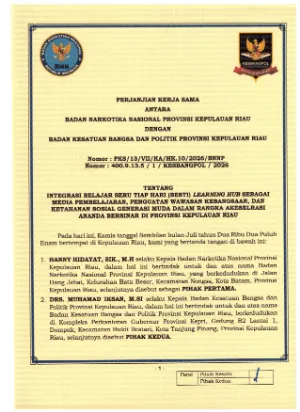 PERJANJIAN KERJASAMA ANTARA BNN PROV KEPRI DENGAN KESBANGPOL PROV KEPRI