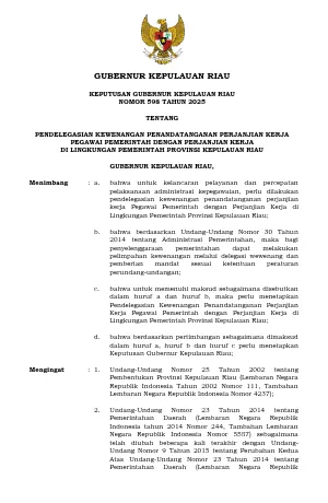 PENDELEGASIAN KEWENANGAN PENANDATANGANAN PERJANJIAN KERJA PEGAWAI PEMERINTAH DENGAN PERJANJIAN KERJA DI LINGKUNGAN PEMERINTAH PROVINSI KEPULAUAN RIAU