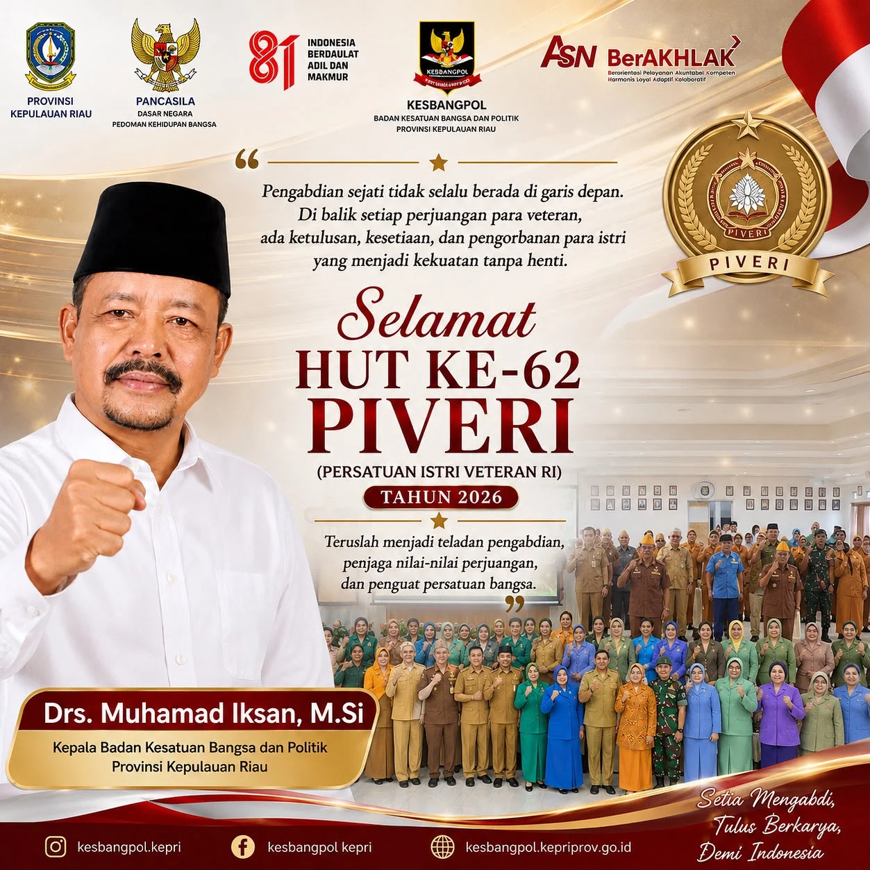 Kepala Badan Kesbangpol Provinsi Kepri Ucapkan Selamat Ulang Tahun Ke-62 Untuk PIVERI
