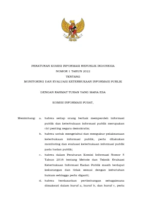 Peraturan Komisi Informasi Nomor 1 Tahun 2022 tentang Monev Keterbukaan Informasi Publik