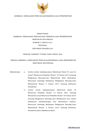 Peraturan Lembaga Kebijakan Pengadaan Barang/Jasa Nomor 3 Tahun 2021 tentang Pedoman Swakelola