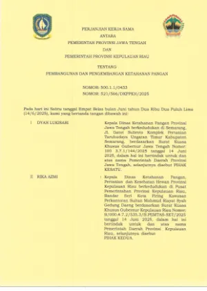 PKS ANTARA PEMERINTAH PROVINSI JAWA TENGAH DAN PEMERINTAH PROVINSI KEPULAUAN RIAU TENTANG PEMBANGUNAN DAN PENGEMBANGAN KETAHANAN PANGAN
