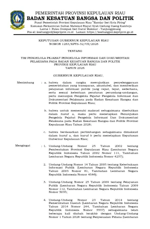 SK  TPENUNJUKAN PENGELOLA PEJABAT PENGELOLA INFORMASI DAN DOKUMENTASI (PPID) PELAKSANA PADA BADAN KESATUAN BANGSA DAN POLITIK PROVINSI KEPULAUAN RIAU TAHUN 2026