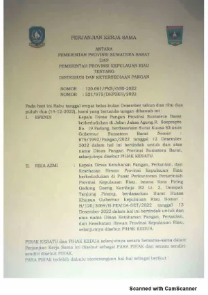 PKS ANTARA PEMERINTAH PROVINSI SUMATERA BARAT DAN PEMERINTAH PROVINSI KEPULAUAN RIAU TENTANG DISTRIBUSI DAN KETERSEDIAAN PANGAN