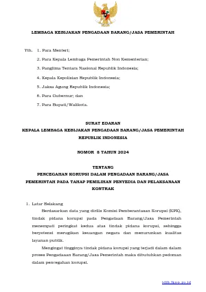 Surat Edaran Kepala LKPP Nomor 8 Tahun 2024 tentang Pencegahan Korupsi Dalam Pengadaan Barang/Jasa Pemerintah Pada Tahap Pemilihan Penyedia dan Pelaksanaan Kontrak